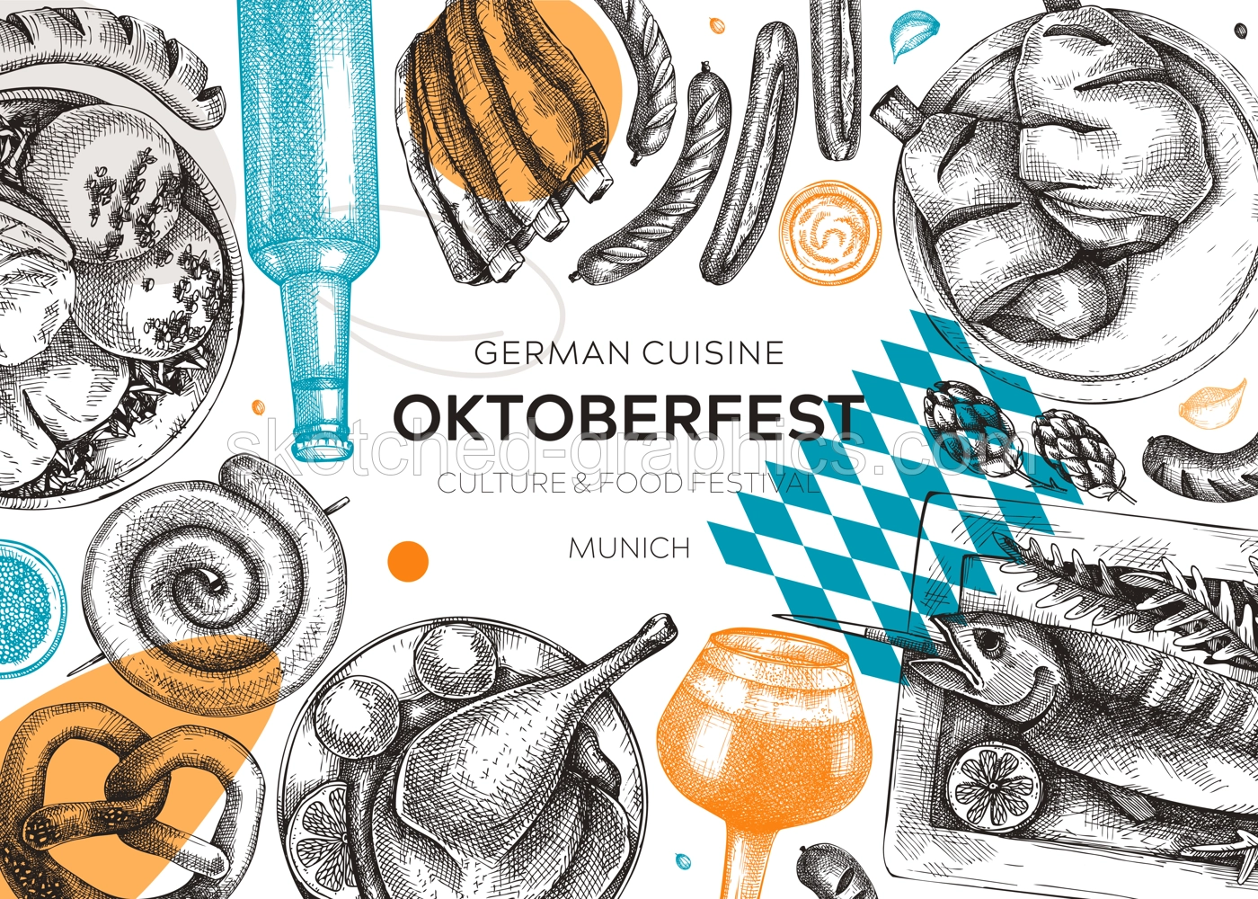 German food background in collage style. Oktoberfest menu trendy design. Vector meat dishes sketches and geometric shapes. German cuisine modern banner. Traditional Food festival illustration.  Illustration